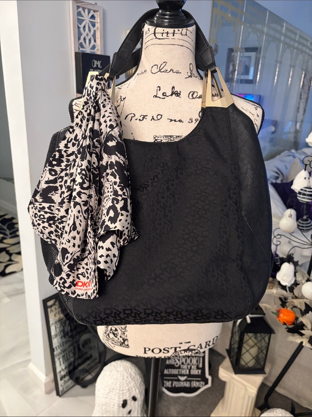 DKNY Black Shoulder Bag with Printed Scarf
